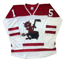 Laden Sie das Bild in den Galerie-Viewer, Rot-weiße Hockey-Trikots mit einem Devil-and-Cauldron-Twill-Logo