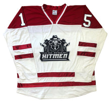 Charger l'image dans la galerie, Maillots de hockey rouges et blancs avec le logo en sergé des Hitmen de Des Moines
