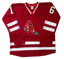 Laden Sie das Bild in den Galerie-Viewer, Rot-weiße Hockey-Trikots mit dem Skating Devil Twill-Logo