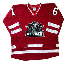 Charger l'image dans la galerie, Maillots de hockey rouges et blancs avec le logo en sergé des Hitmen de Des Moines
