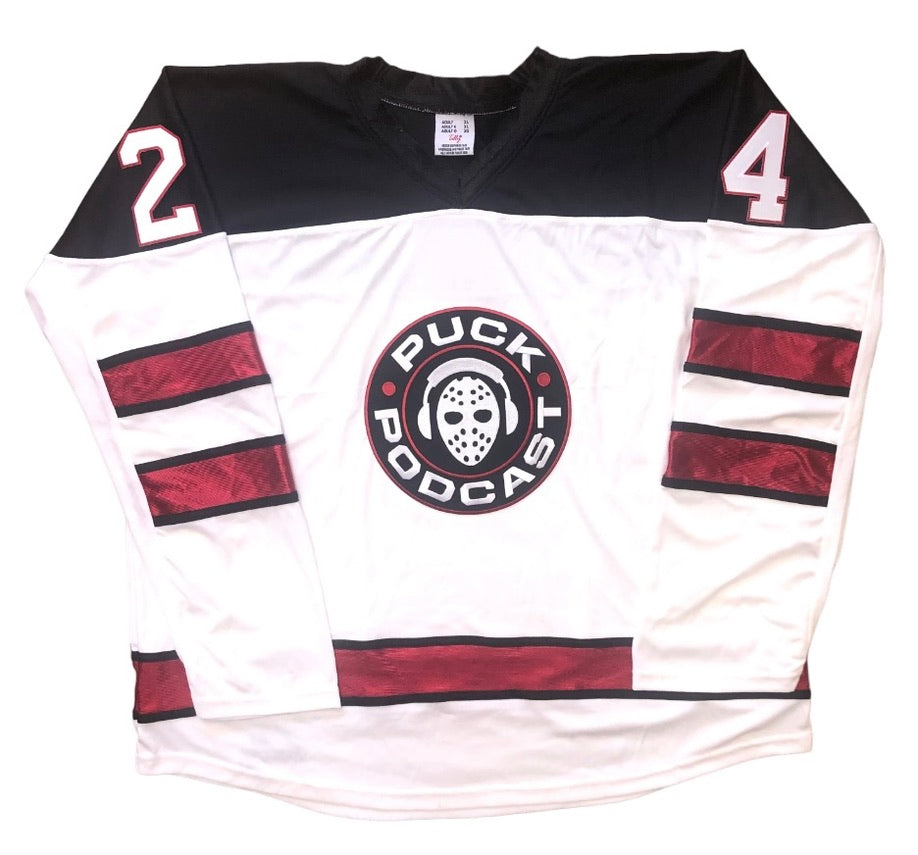 Custom Hockey Jerseys with a Puck Podcast Embroidered Twill Logo