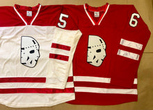 Load image into Gallery viewer, Red and White Hockey Jerseys with a Twill Goalie Mask Logo