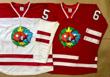 Charger l'image dans la galerie, Maillots de hockey rouges et blancs avec un logo en sergé brodé en forme de poisson