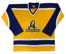 Laden Sie das Bild in den Galerie-Viewer, Lila-goldene Hockey-Trikots mit dem Twill-Logo der Hedgehogs
