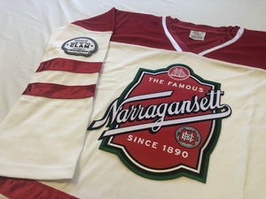 Custom hockey jerseys with the Narragansett logo and shoulder crests