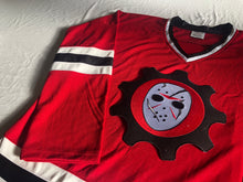 Load image into Gallery viewer, Custom hockey jersey with Scar Goalie Mask embroidered twill team logo.