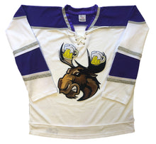 Load image into Gallery viewer, Custom hockey jerseys with a Moose with Beer Antlers twill logo.