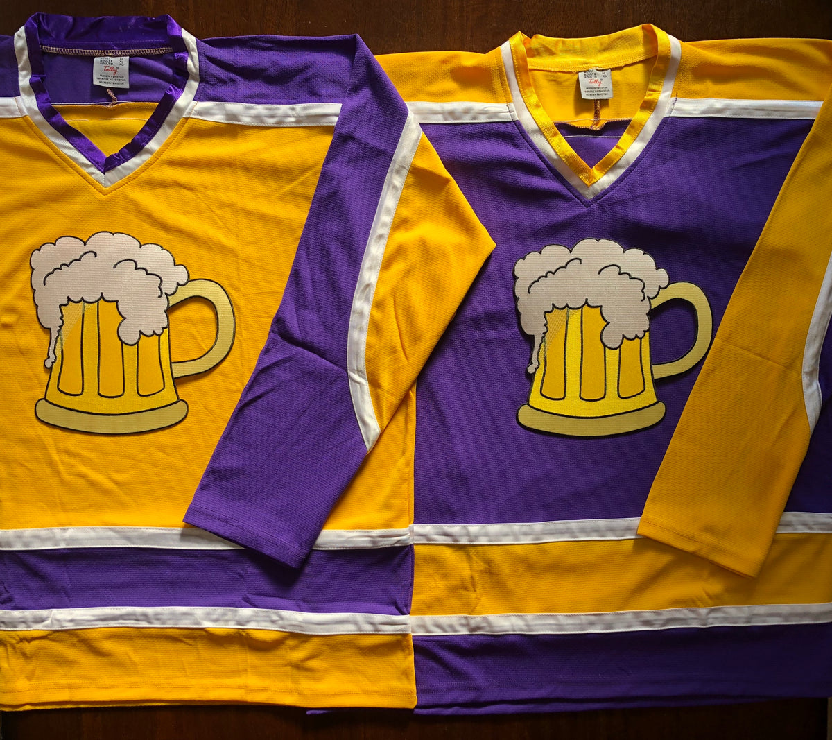 Purple and Gold Hockey Jerseys with a Beer Mug Twill Logo Tally