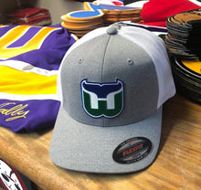 Load image into Gallery viewer, Flex-Fit Hat with a Whalers crest / logo $39 (Grey / White)
