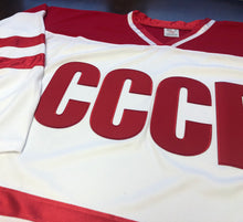Load image into Gallery viewer, Red and White Hockey Jerseys with a CCCP Twill Logo