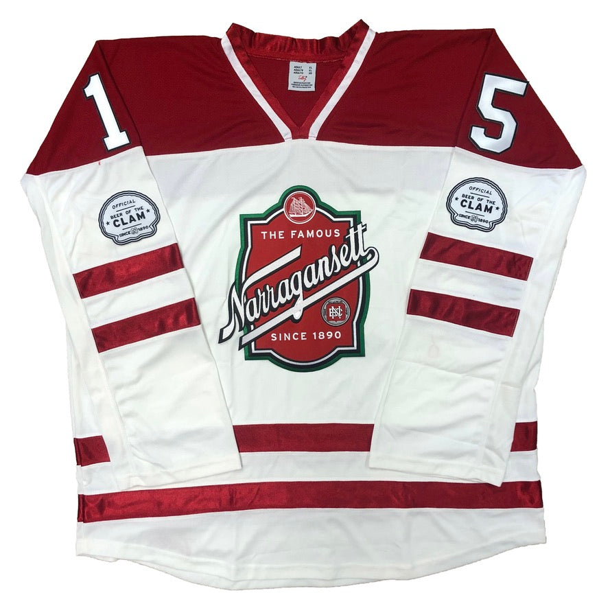 Red and White Hockey Jerseys with the Narragansett Twill Logo
