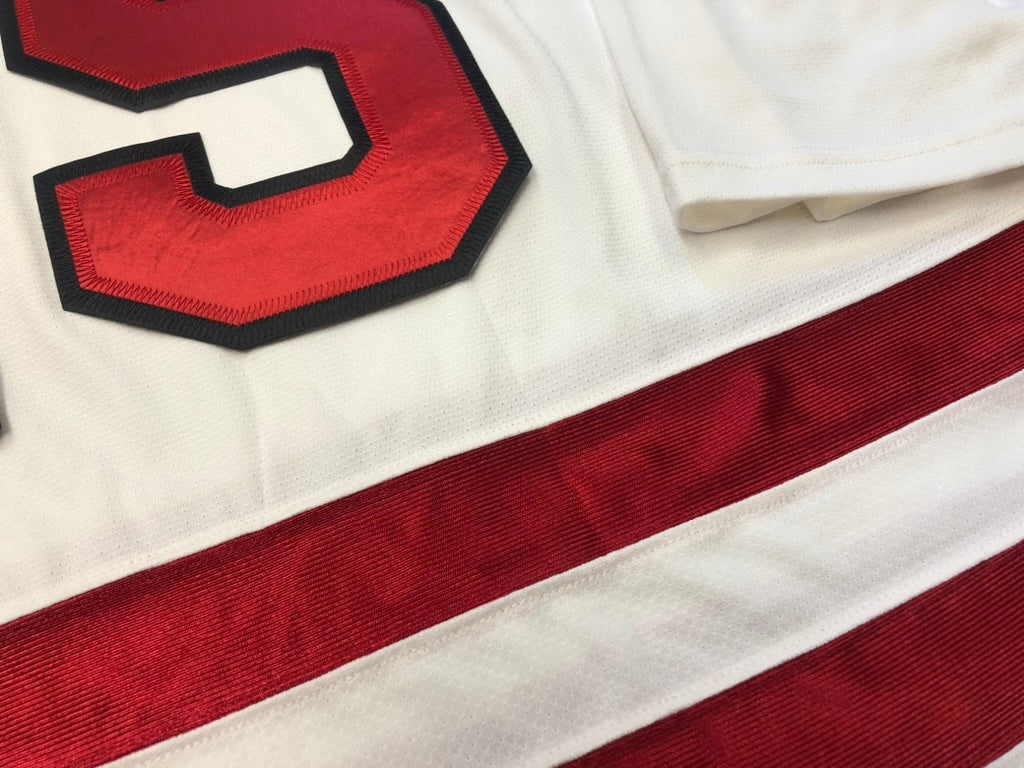 Red and White Hockey Jerseys with The Cougar Hunters Embroidered Twill Logo Adult Large / (Number and Name) / White