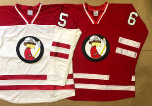 Maillots de hockey rouges et blancs avec le logo Funky Monkey Twill 