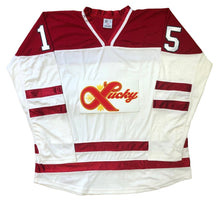 Load image into Gallery viewer, Red and White Hockey Jerseys with a Lucky Twill Logo
