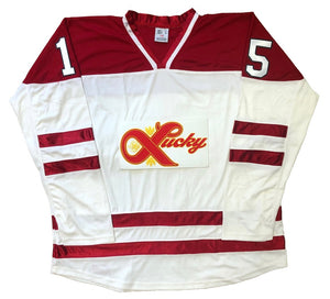 Red and White Hockey Jerseys with a Lucky Twill Logo