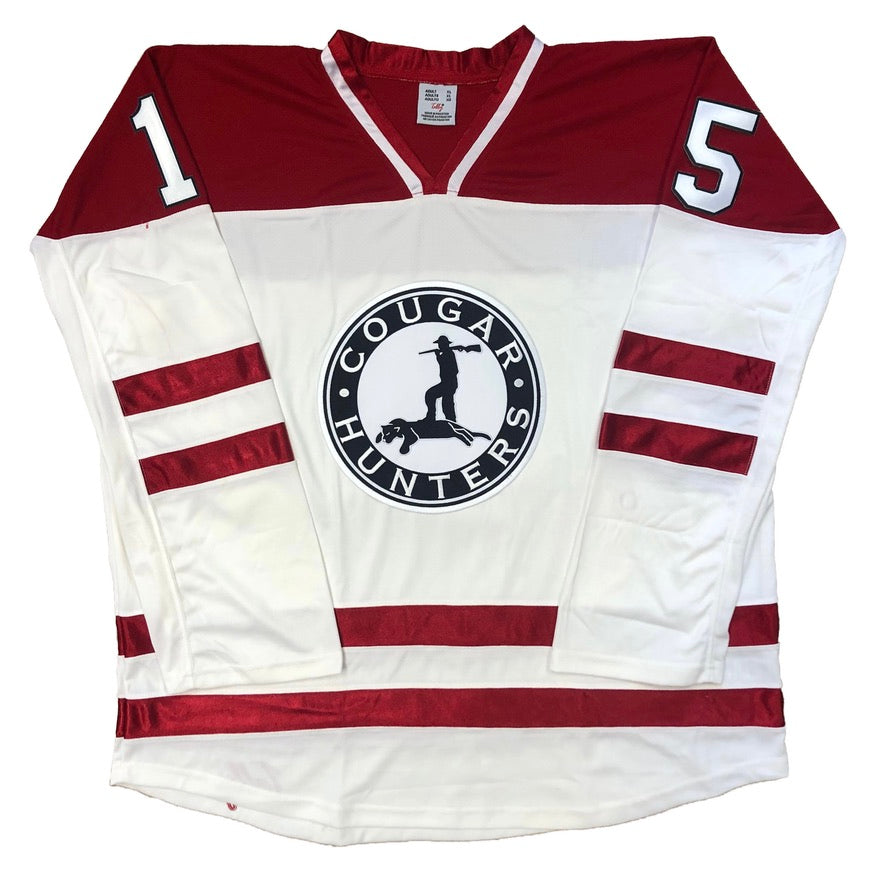 Rot-weiße Hockey-Trikots mit dem aufgestickten Twill-Logo der Cougar Hunters 