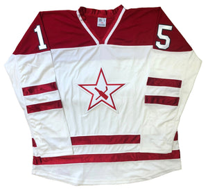 Red and White Hockey Jerseys with a Beer Bottle and Stick Twill Logo