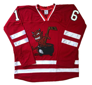Red and White Hockey Jerseys with a Devil and Cauldron Twill Logo