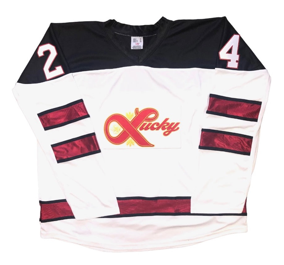 Custom Hockey Jerseys with a Lucky Embroidered Twill Logo
