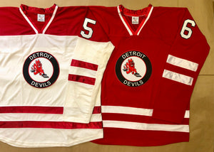 Red and White Hockey Jerseys with the Detroit Devils Twill Logo