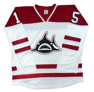 Maillots de hockey rouges et blancs avec un logo Shark Twill 