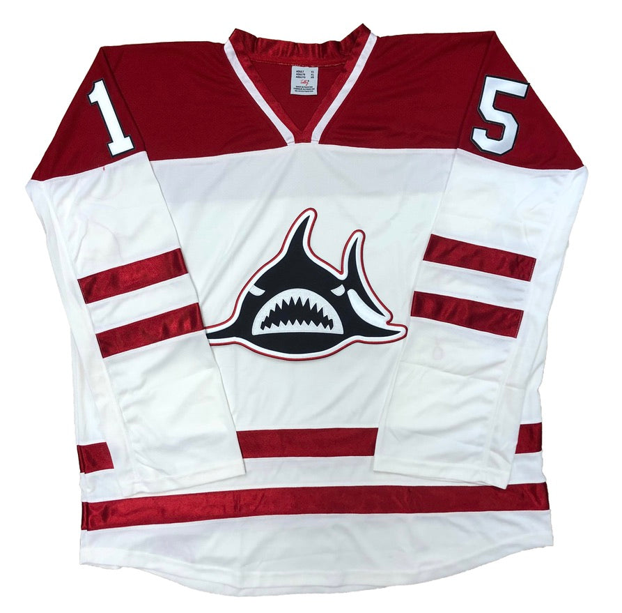 Red and White Hockey Jerseys with a Shark Twill Logo
