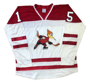 Maillots de hockey rouges et blancs avec le logo en sergé des Roadrunners 