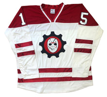 Load image into Gallery viewer, Red and White Hockey Jerseys with a Goalie Mask Twill Logo

