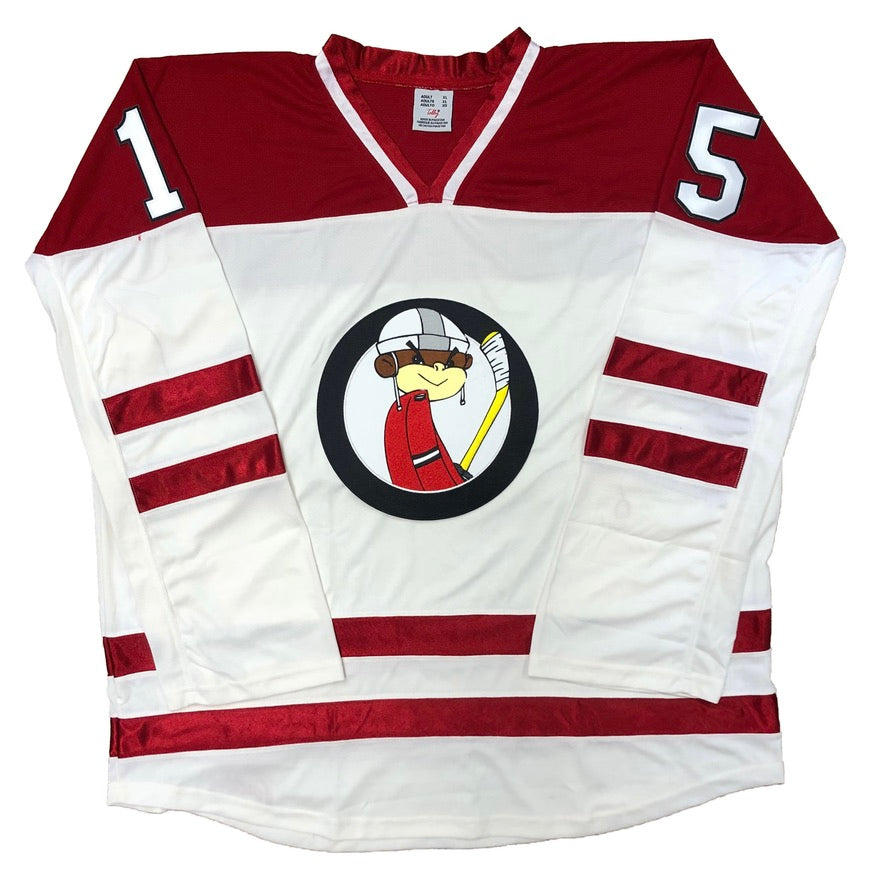 Red and White Hockey Jerseys with the Funky Monkey Twill Logo