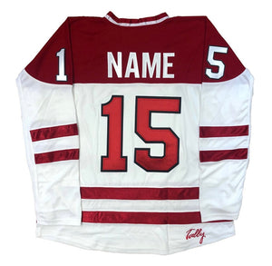 Red and White Hockey Jerseys with an "S" Twill Logo