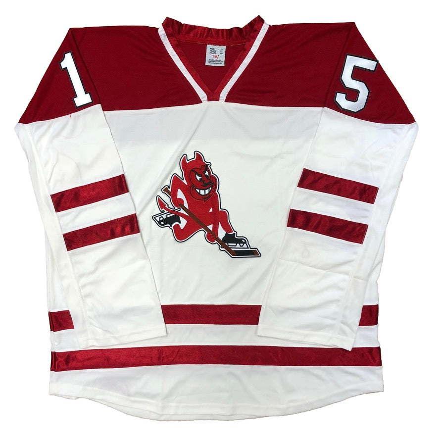 Red and White Hockey Jerseys with the Skating Devil Twill Logo