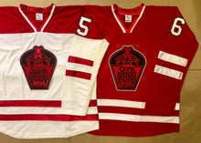 Load image into Gallery viewer, Red and White Hockey Jerseys with the 13th Civil Defense Division Twill Logo
