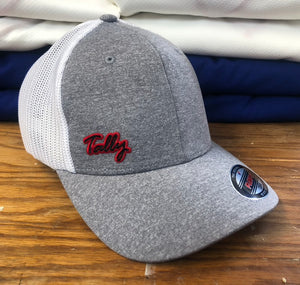 Grey and White Mesh Flex-Fit Hat with a small Tally twill crest $30