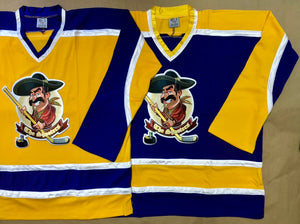 Purple and Gold Hockey Jerseys with The Shooters Twill Logo