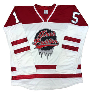 Red and White Hockey Jerseys with the Puck Buddies Embroidered Twill Logo