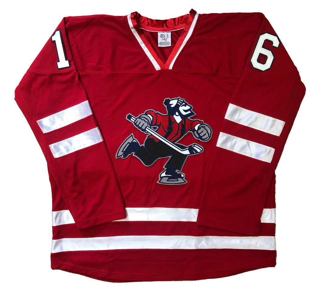 Red and White Hockey Jerseys with the Johnny Canuck Twill Logo