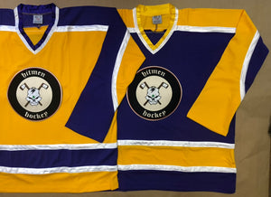 Maillots de hockey violets et dorés avec le logo Hitmen Hockey Twill 