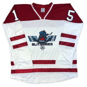 Red and White Hockey Jerseys with the Blitzkrieg Twill Logo