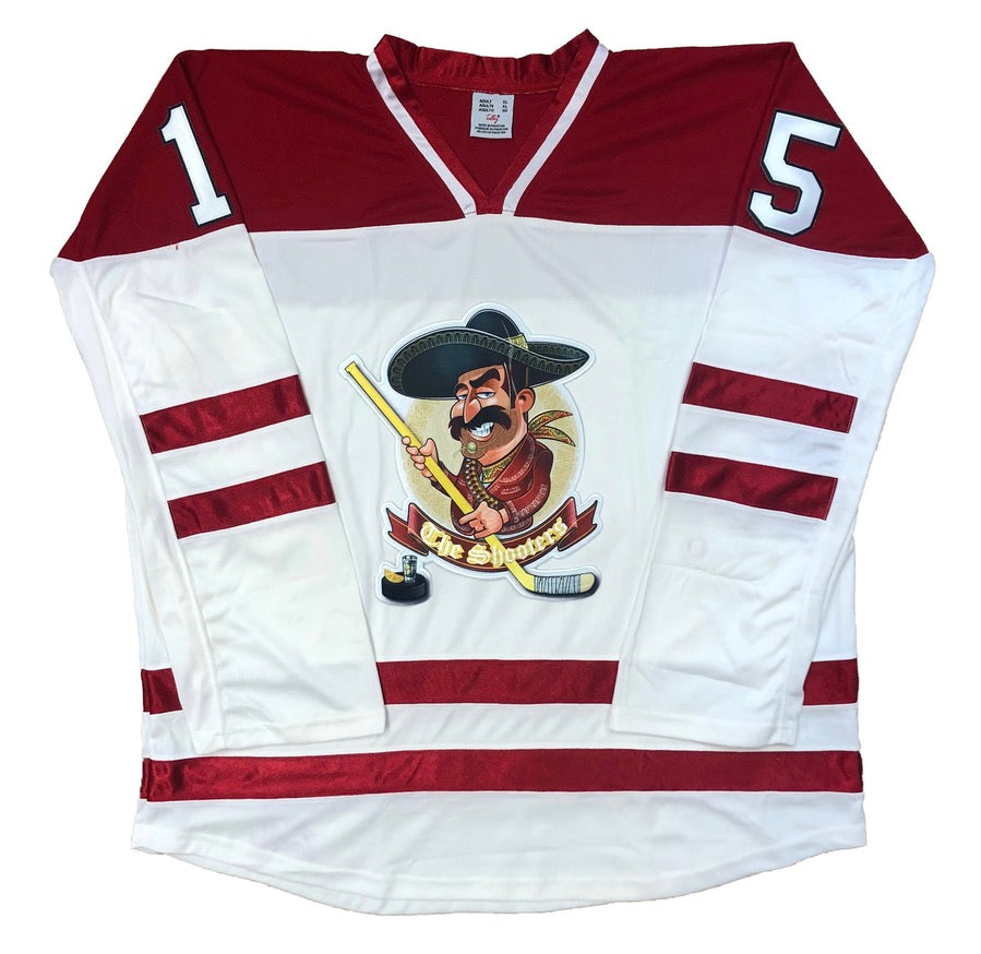 Red and White Hockey Jerseys with The Shooters Twill Logo
