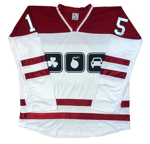 Maillots de hockey rouges et blancs avec le logo brodé de la voiture piégée irlandaise 