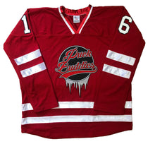 Load image into Gallery viewer, Red and White Hockey Jerseys with the Puck Buddies Embroidered Twill Logo
