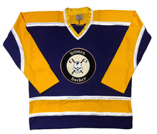 Load image into Gallery viewer, Purple and Gold Hockey Jerseys with the Hitmen Hockey Twill Logo
