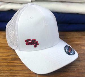 White Flex-Fit Hat with a small Tally twill crest $30