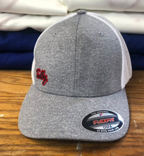 Load image into Gallery viewer, Grey and White Mesh Flex-Fit Hat with a small Tally twill crest $30
