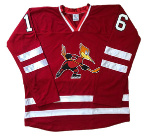 Rot-weiße Hockey-Trikots mit dem Roadrunners-Twill-Logo 