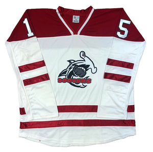 Red and White Hockey Jerseys with The Boozers Twill Logo