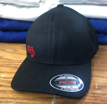 Load image into Gallery viewer, Black Flex-Fit Hat with a small Tally twill crest $30
