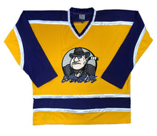 Load image into Gallery viewer, Purple and Gold Hockey Jerseys with the Brewsers Twill Logo
