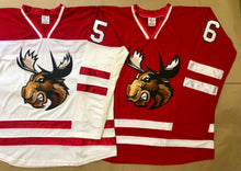 Load image into Gallery viewer, Red and White Hockey Jerseys with a Big Moose Twill Log
