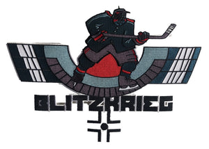 Rote und weiße Hockeytrikots mit dem Blitzkrieg-Twill-Logo 